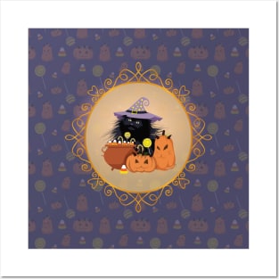 Black Cat Salem Halloween Purple Posters and Art